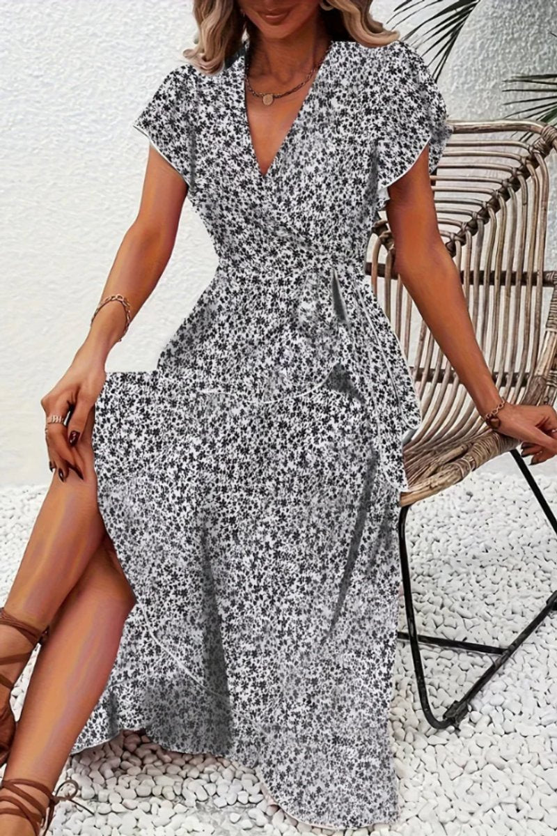 Women's Floral Wrap Evening Gown Midi Dress V-Neck Short Sleeve - Black And White