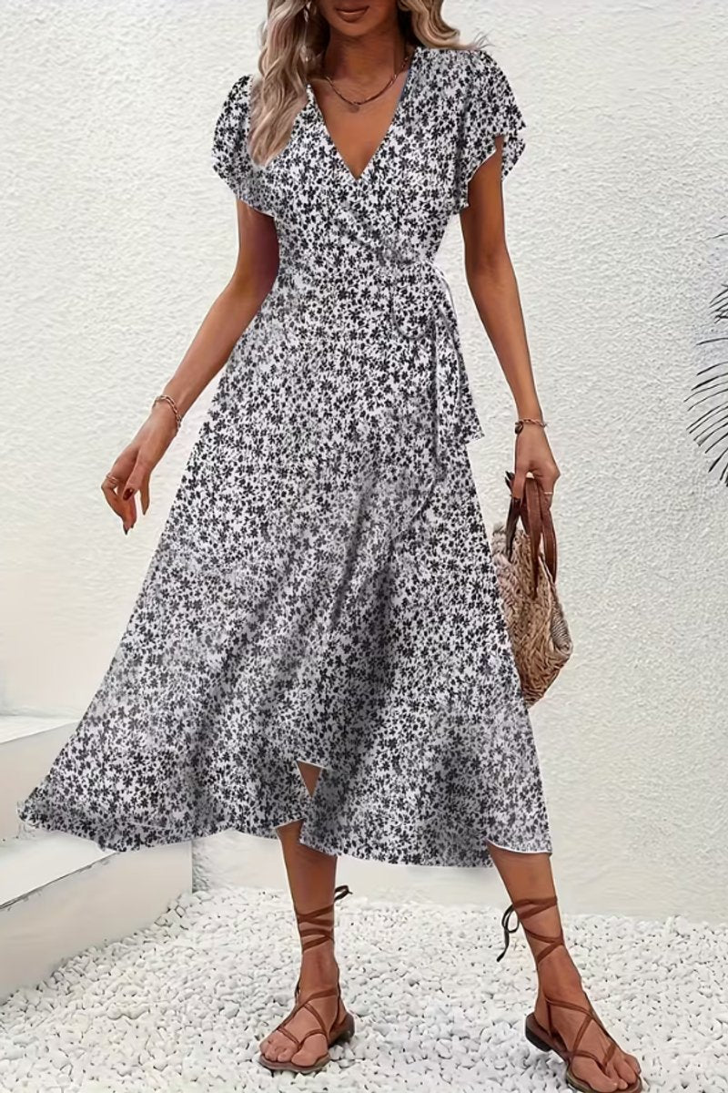 Women's Floral Wrap Evening Gown Midi Dress V-Neck Short Sleeve