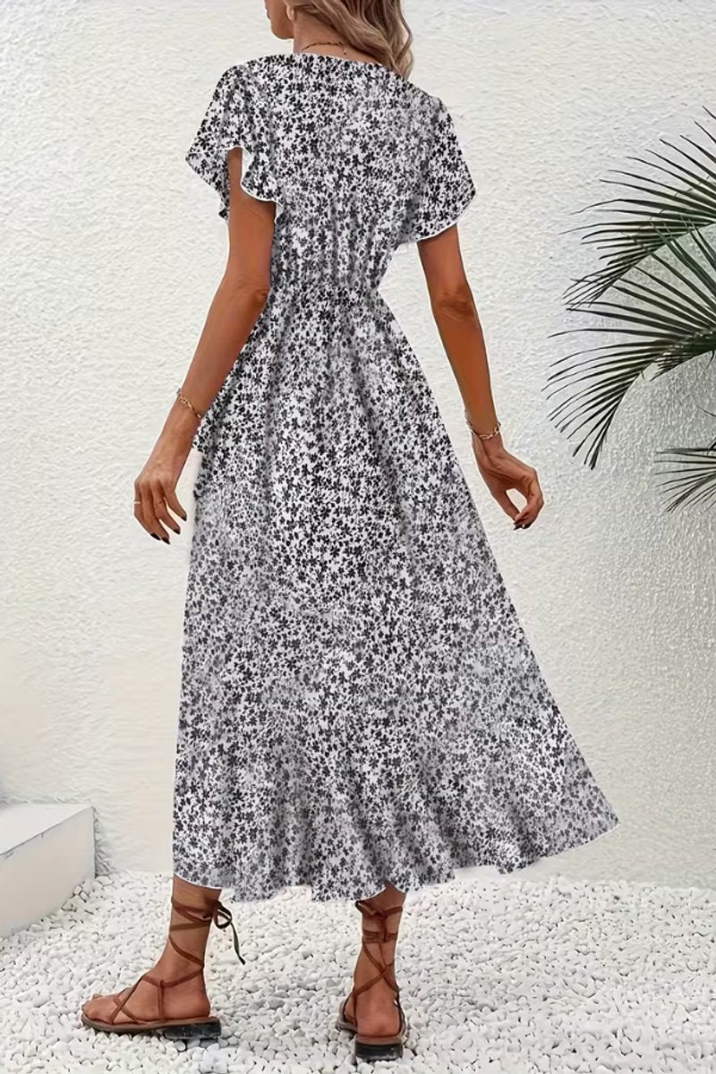 Women's Floral Wrap Evening Gown Midi Dress V-Neck Short Sleeve
