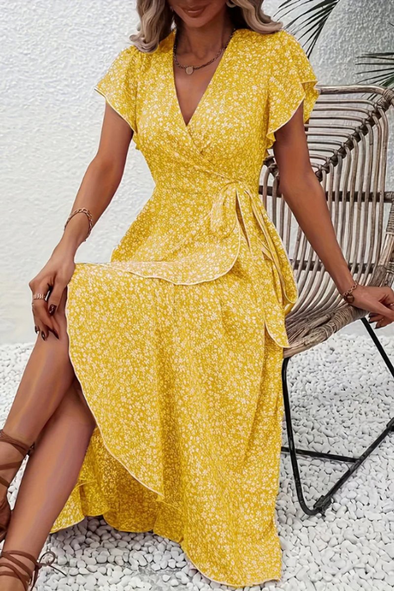 Women's Floral Wrap Evening Gown Midi Dress V-Neck Short Sleeve - Yellow
