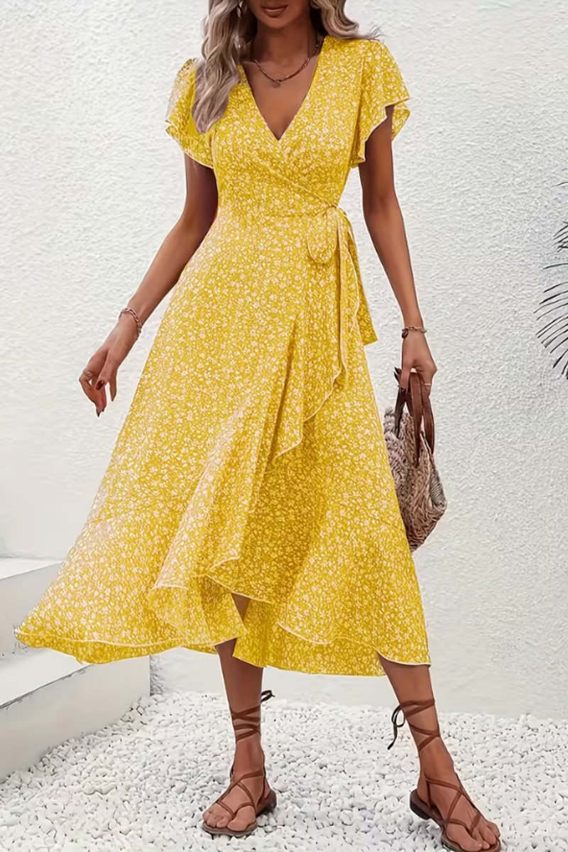 Women's Floral Wrap Evening Gown Midi Dress V-Neck Short Sleeve