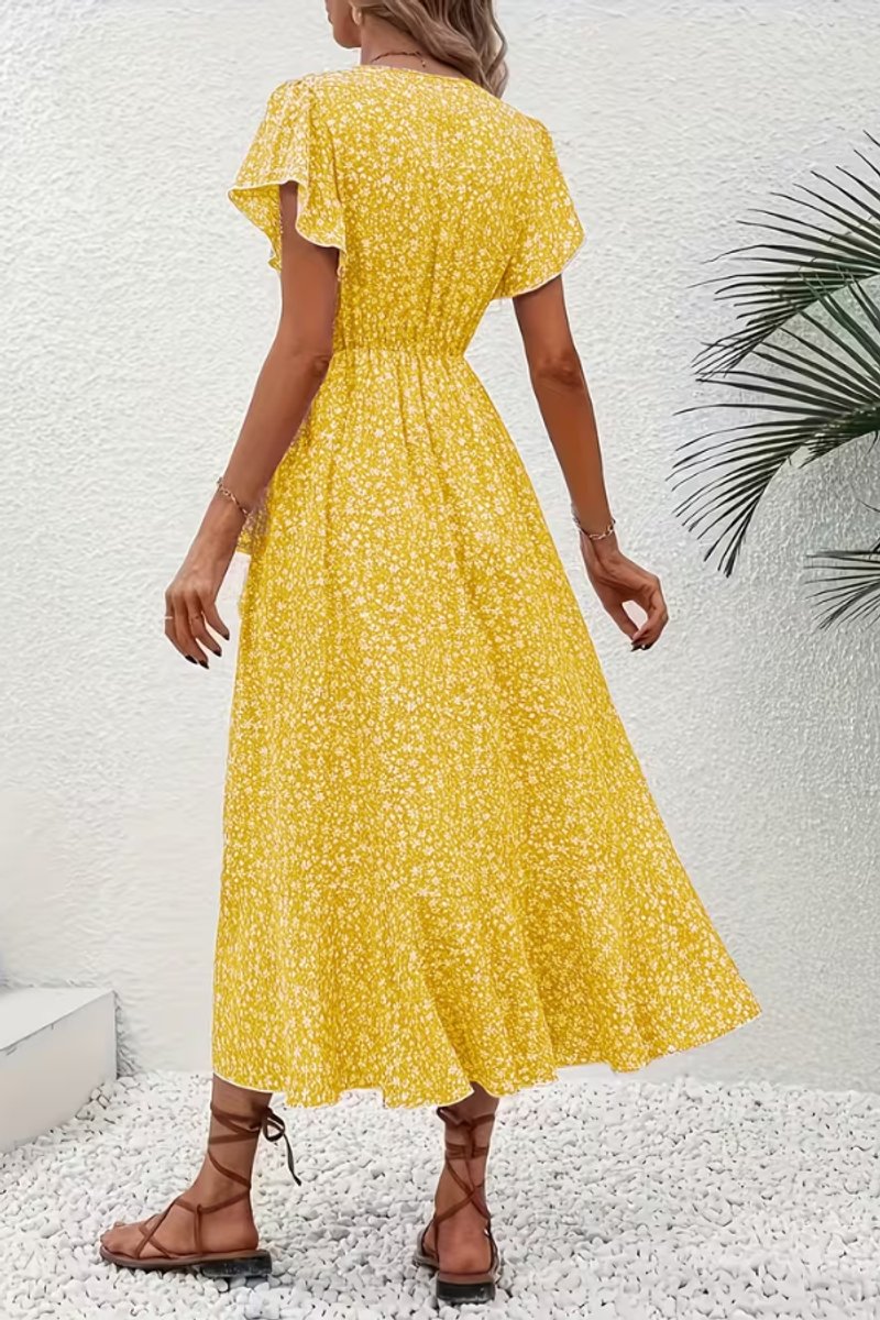 Women's Floral Wrap Evening Gown Midi Dress V-Neck Short Sleeve