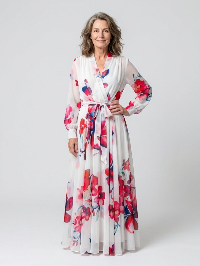Women's Floral Wrap-Front Long-Sleeve Chiffon Maxi Dresses Tie Waist - Red