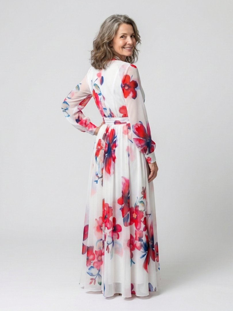 Women's Floral Wrap-Front Long-Sleeve Chiffon Maxi Dresses Tie Waist