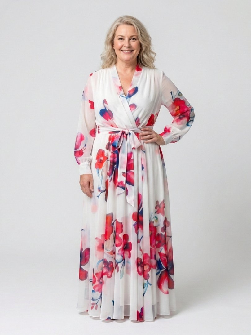 Women's Floral Wrap-Front Long-Sleeve Chiffon Maxi Dresses Tie Waist