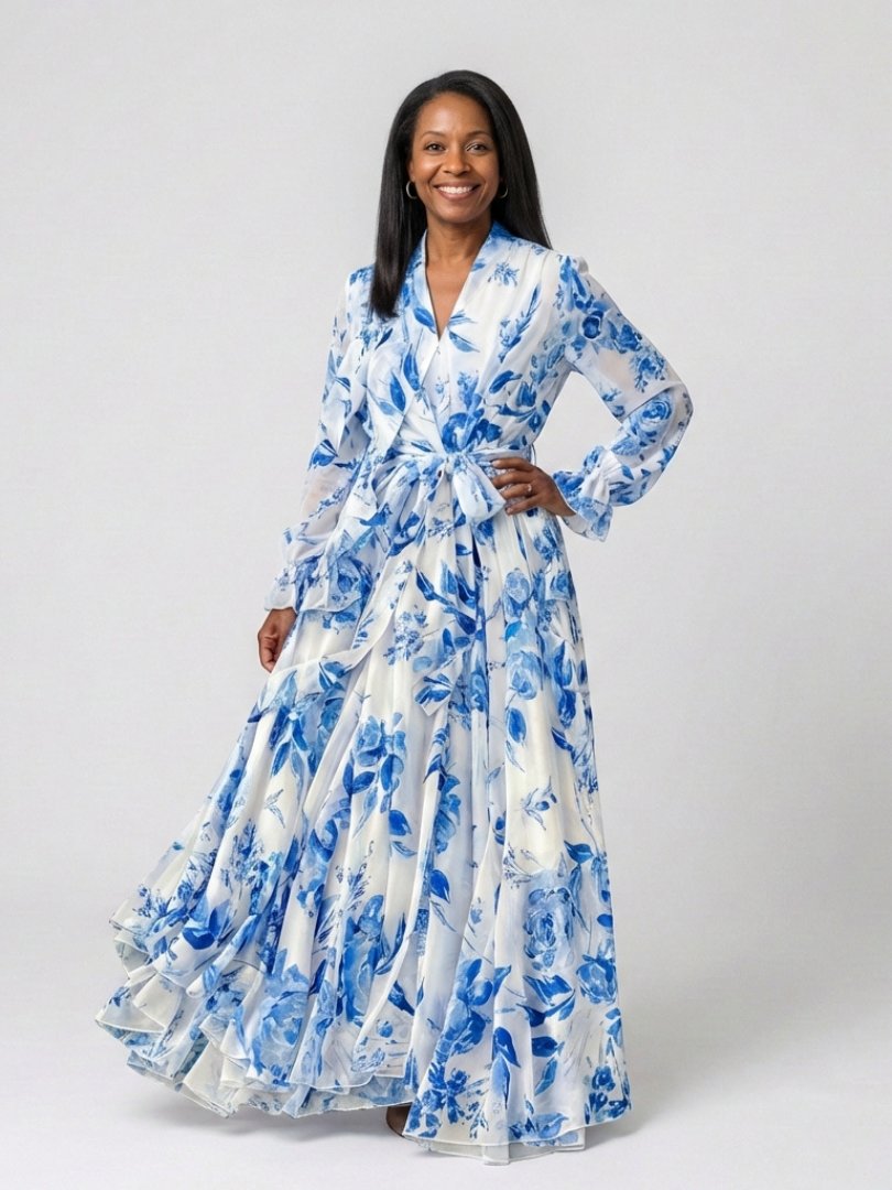 Women's Floral Wrap-Front Long-Sleeve Chiffon Maxi Dresses Tie Waist - Blue