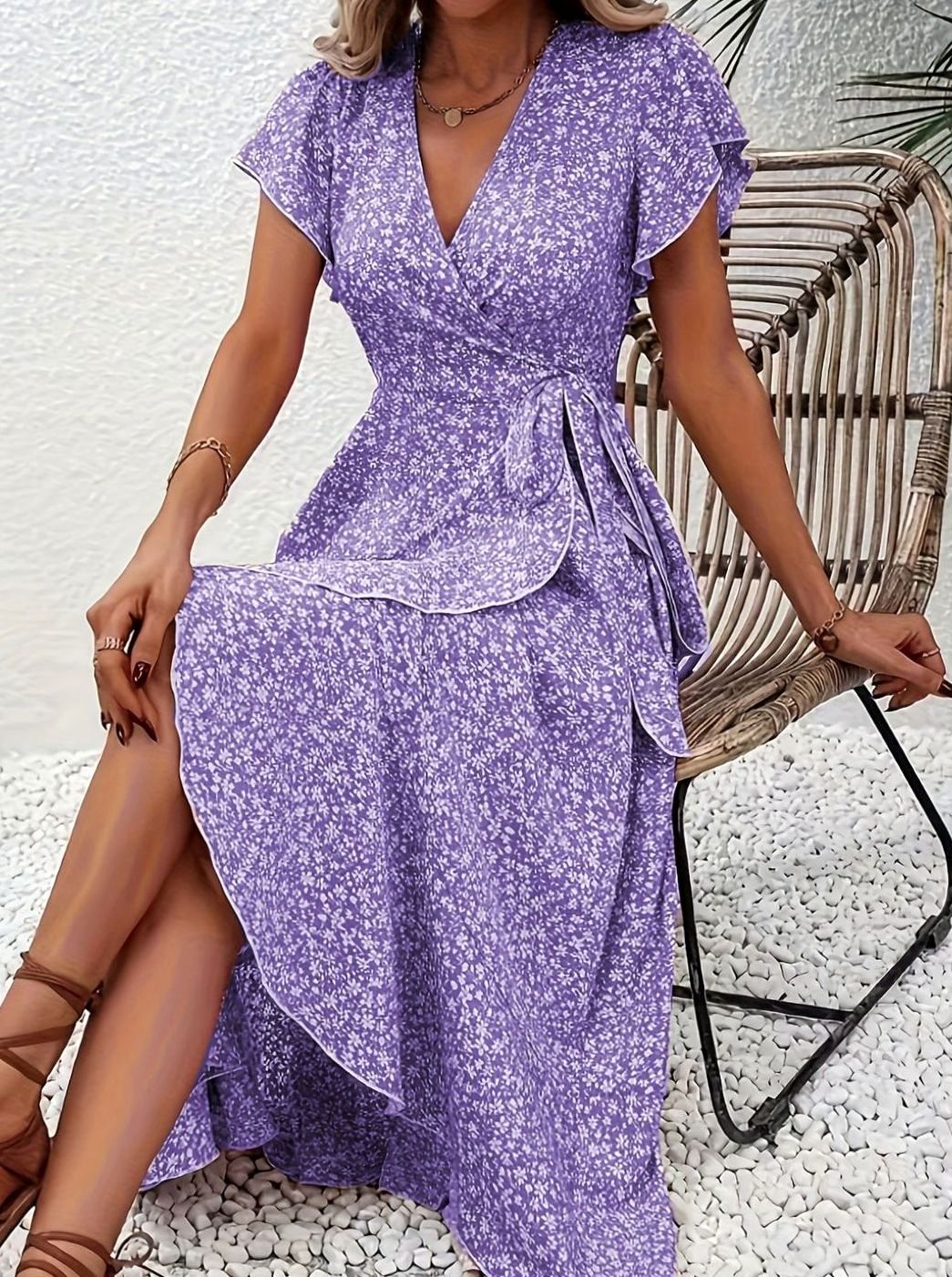 Women's Floral Wrap Maxi Wedding Guest Dress Ruffle V-Neck, Purple