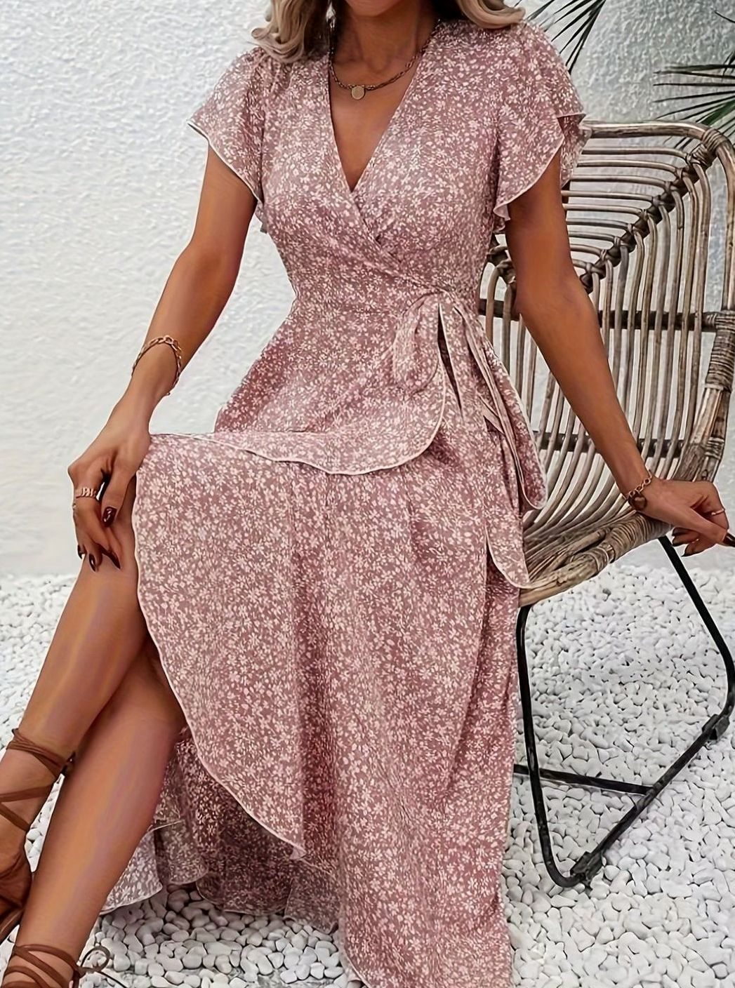 Women's Floral Wrap Maxi Wedding Guest Dress Ruffle V-Neck, Purple