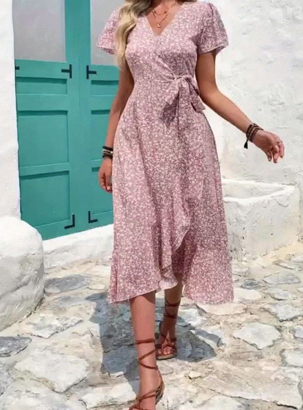 Women's Floral Wrap Maxi Wedding Guest Dress Ruffle V-Neck, Purple