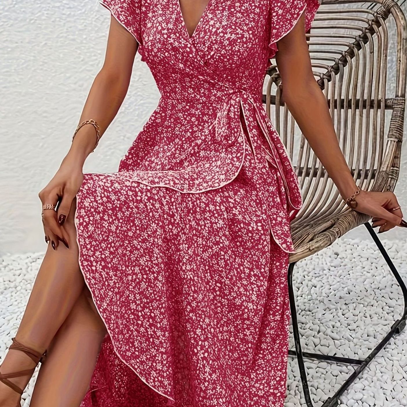 Women's Floral Wrap Maxi Wedding Guest Dress Ruffle V-Neck, Purple - Red