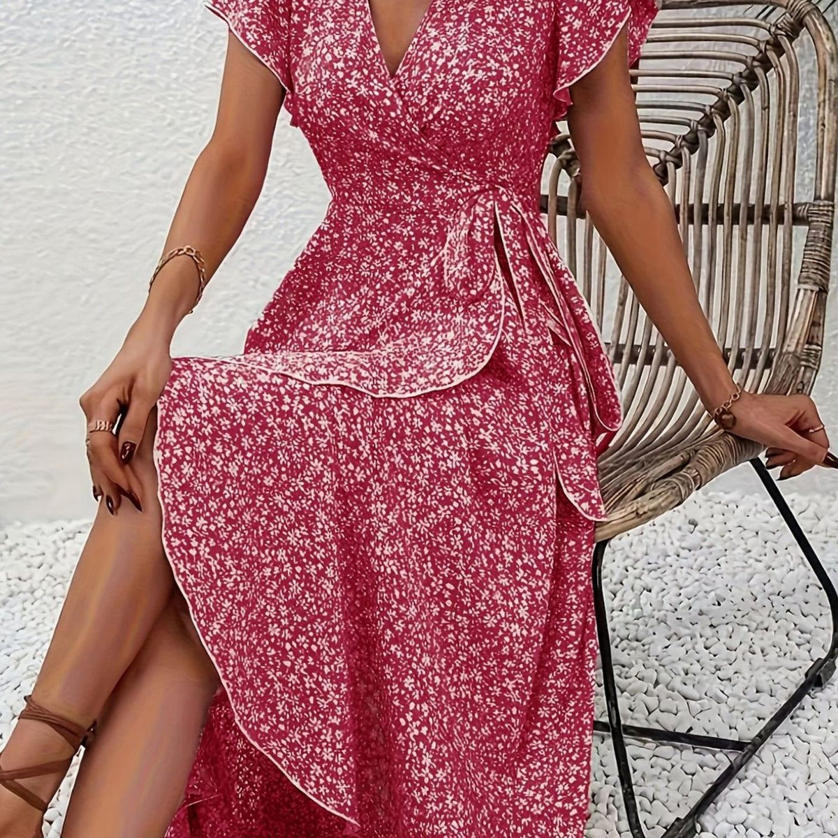 Women's Floral Wrap Maxi Wedding Guest Dress Ruffle V-Neck, Purple - Red