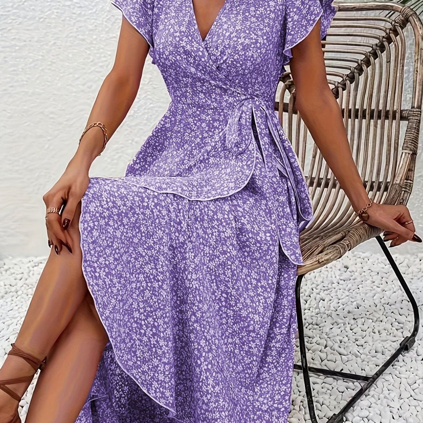 Women's Floral Wrap Maxi Wedding Guest Dress Ruffle V-Neck, Purple - Purple