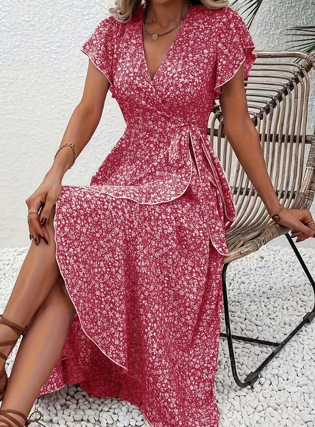 Women's Floral Wrap Maxi Wedding Guest Dress Ruffle V-Neck, Purple
