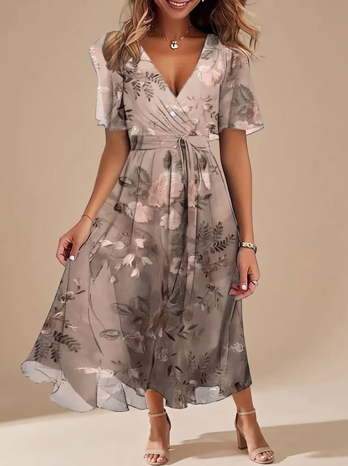 Women's Floral Wrap-Style Flutter-Sleeve Midi Dress - Brown