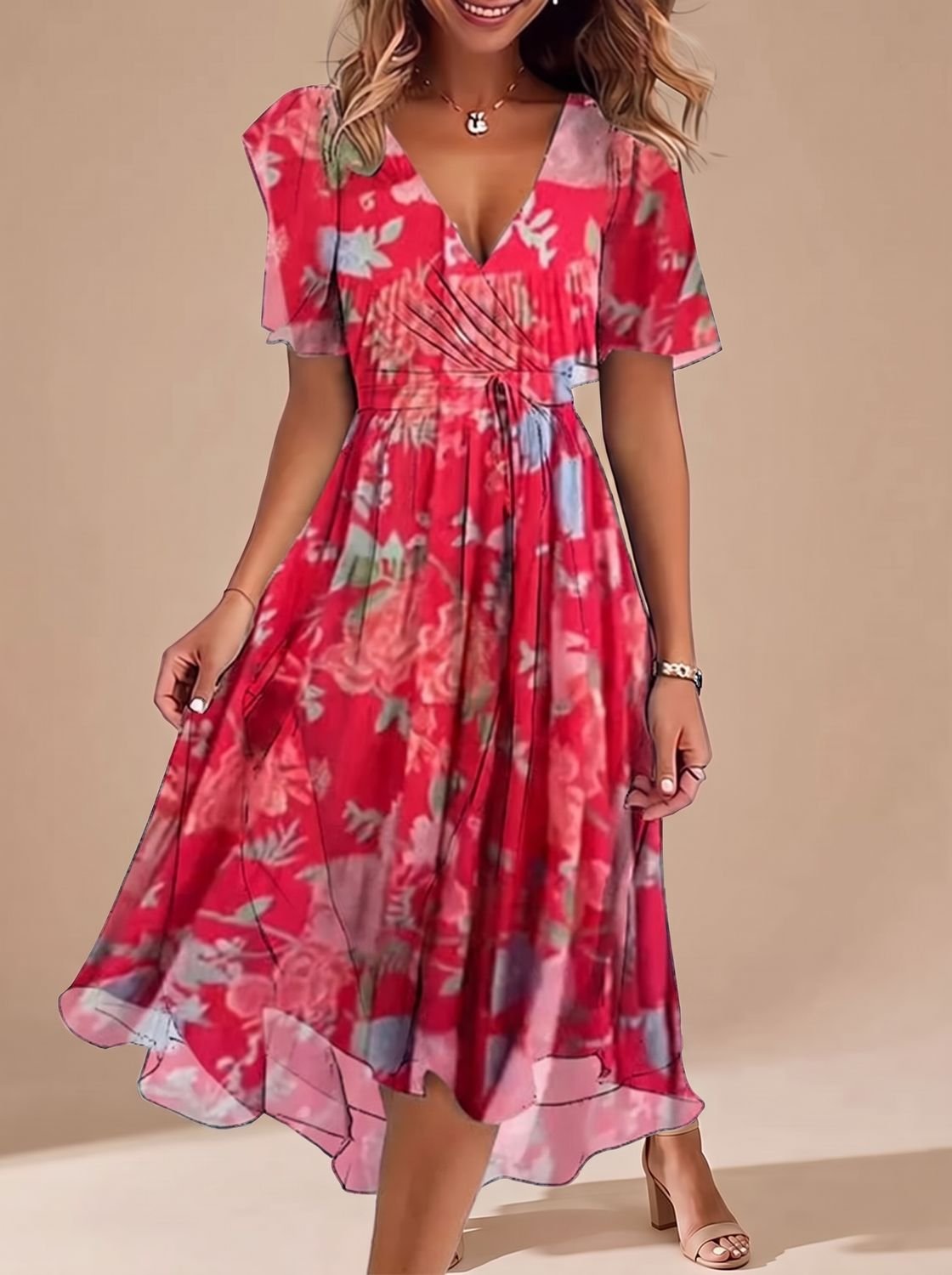 Women's Floral Wrap-Style Flutter-Sleeve Midi Dress - Red