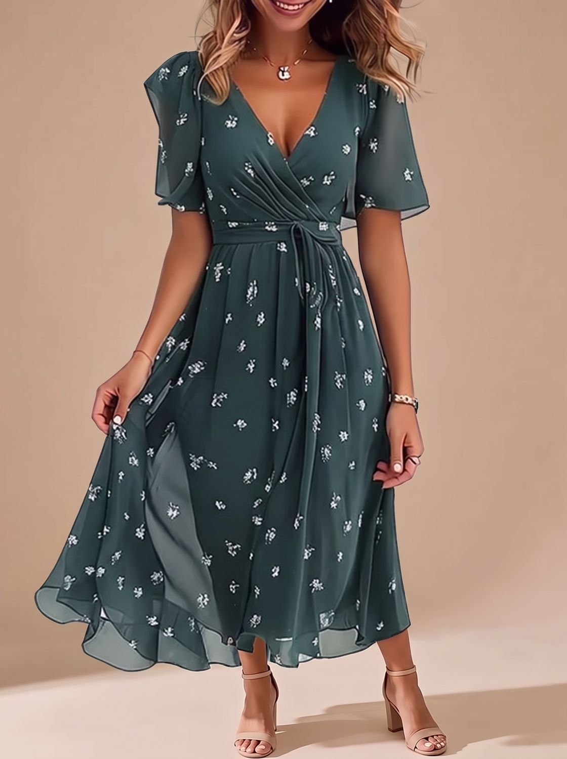 Women's Floral Wrap-Style Flutter-Sleeve Midi Dress - Green