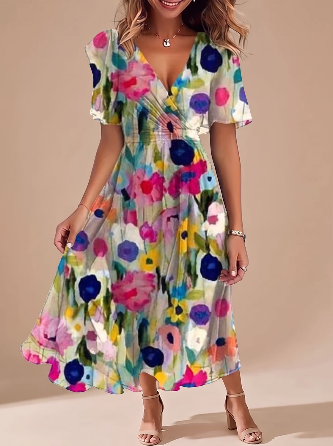 Women's Floral Wrap-Style Flutter-Sleeve Midi Dress - Multi Colour