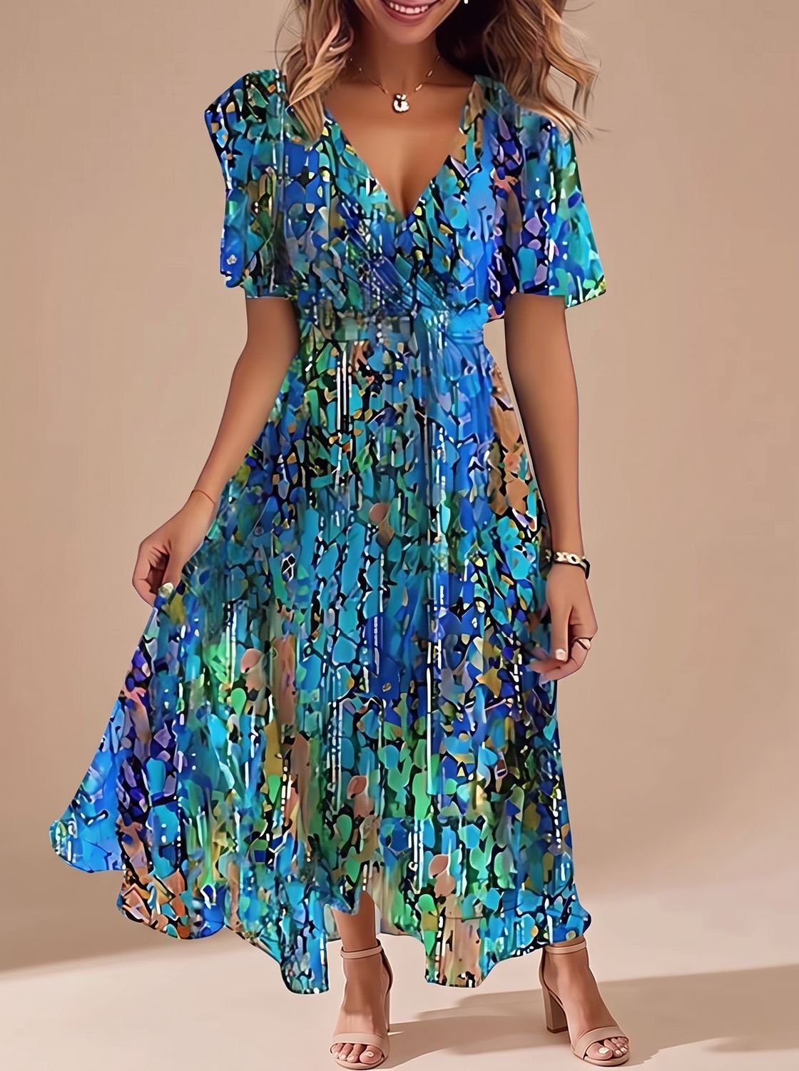 Women's Floral Wrap-Style Flutter-Sleeve Midi Dress - Blue