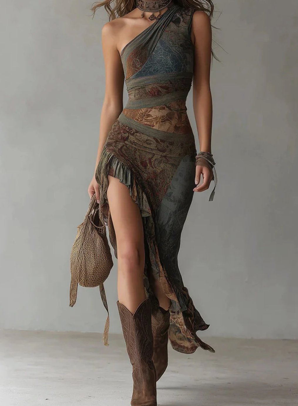 Women's Flowy Floral Maxi Dress One-Shoulder Asymmetric Ruffle Slit - Brown