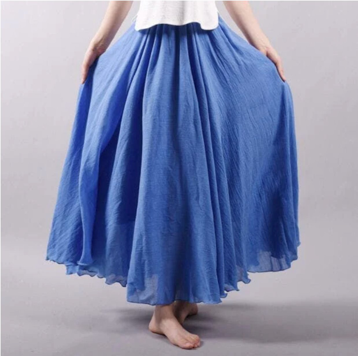 Women's Flowy Linen Maxi Summer Dress Skirt Elastic Waist - Blue