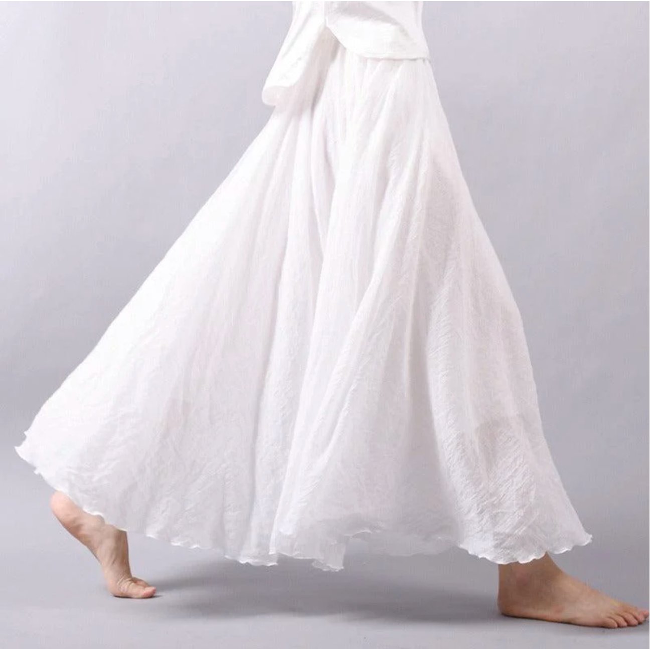 Women's Flowy Linen Maxi Summer Dress Skirt Elastic Waist - White