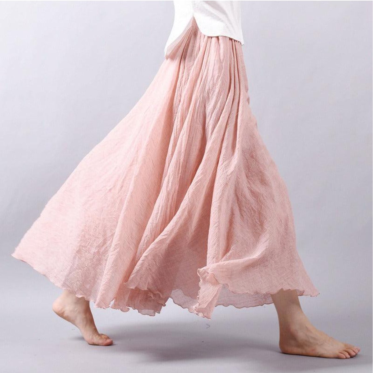 Women's Flowy Linen Maxi Summer Dress Skirt Elastic Waist - Light Pink