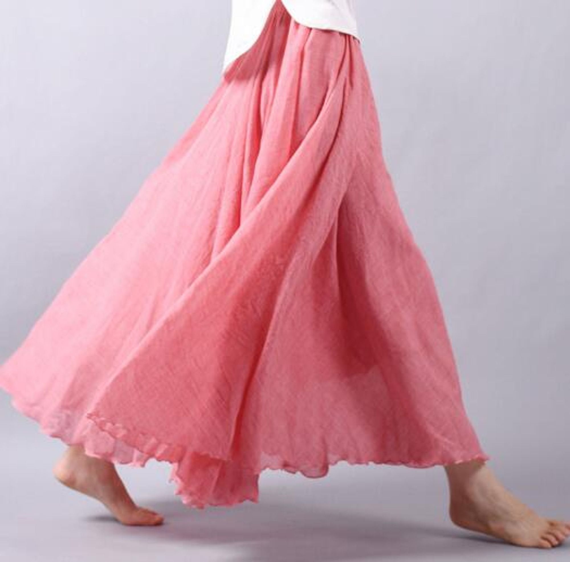 Women's Flowy Linen Maxi Summer Dress Skirt Elastic Waist - Pink