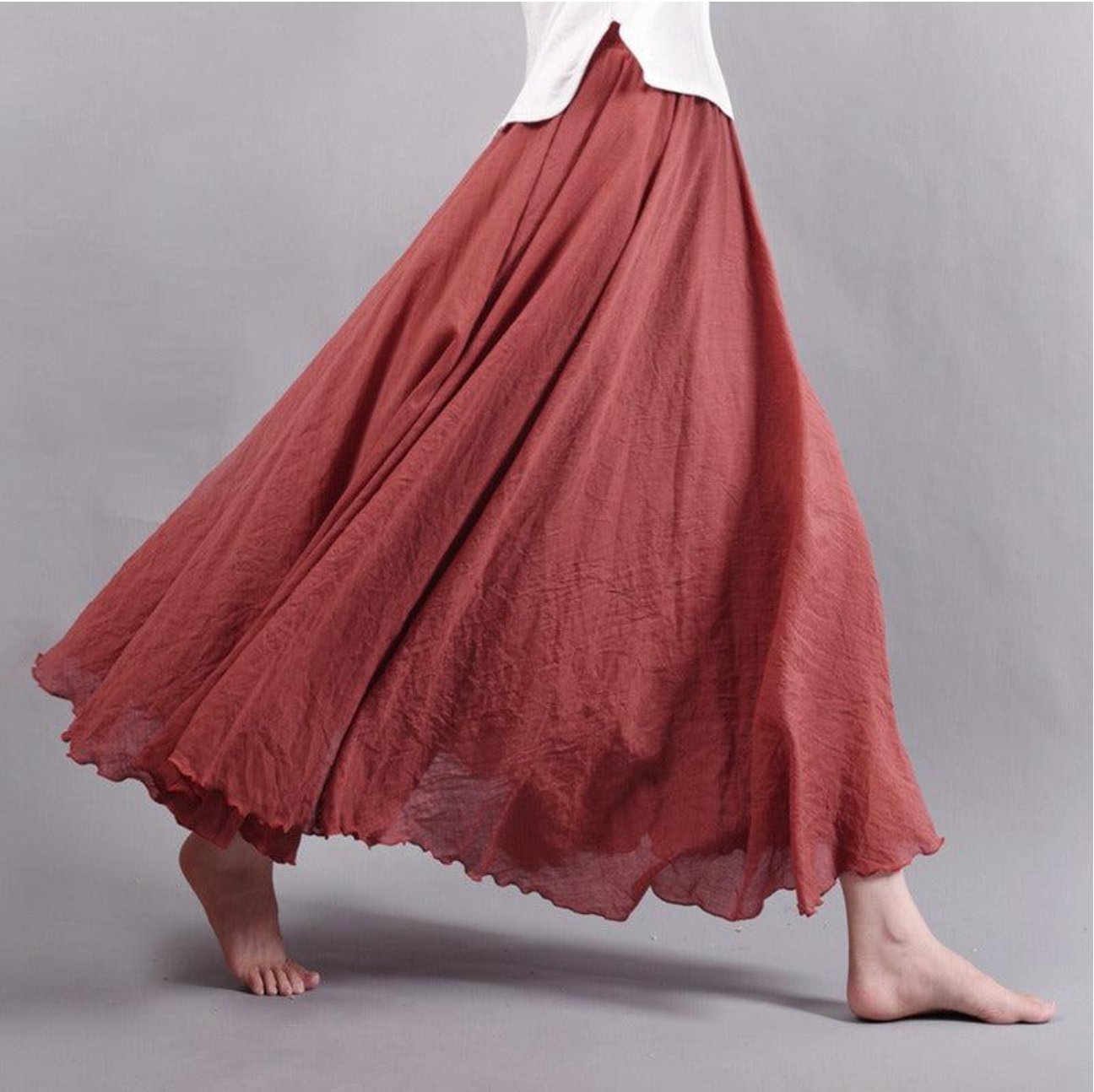 Women's Flowy Linen Maxi Summer Dress Skirt Elastic Waist