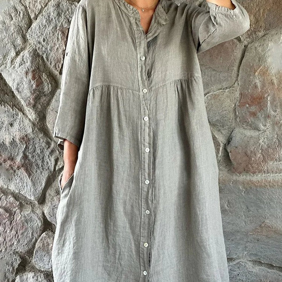 Women's Flowy Linen Midi Formal & Evening Dress Button-Front - Gray