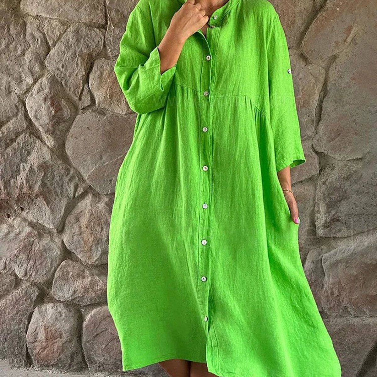 Women's Flowy Linen Midi Formal & Evening Dress Button-Front - Green