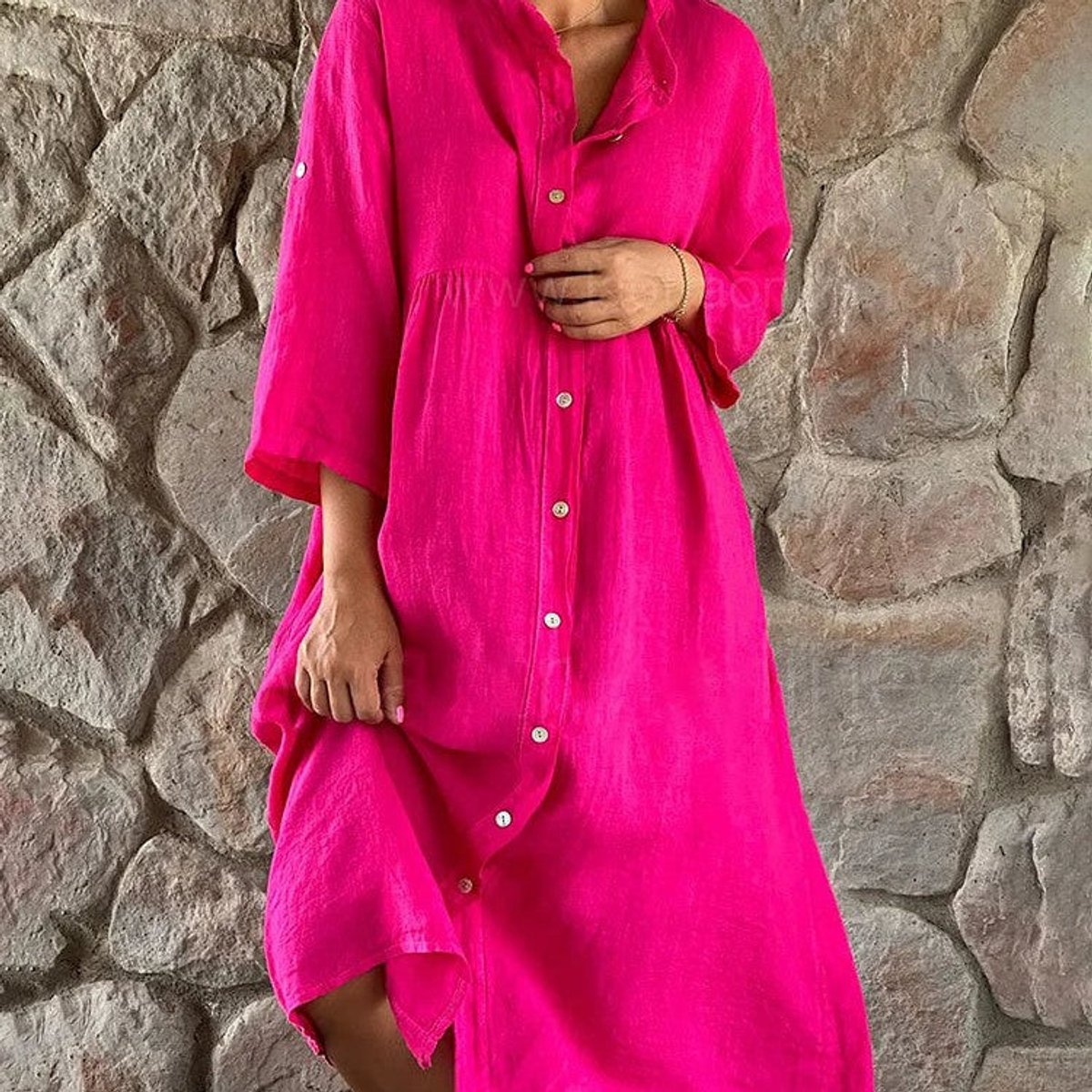 Women's Flowy Linen Midi Formal & Evening Dress Button-Front - Pink