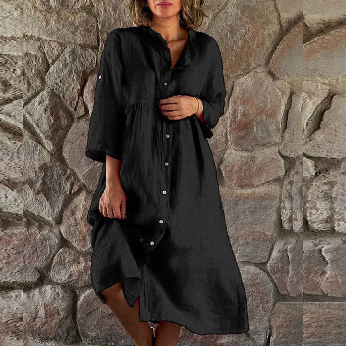 Women's Flowy Linen Midi Formal & Evening Dress Button-Front - Black