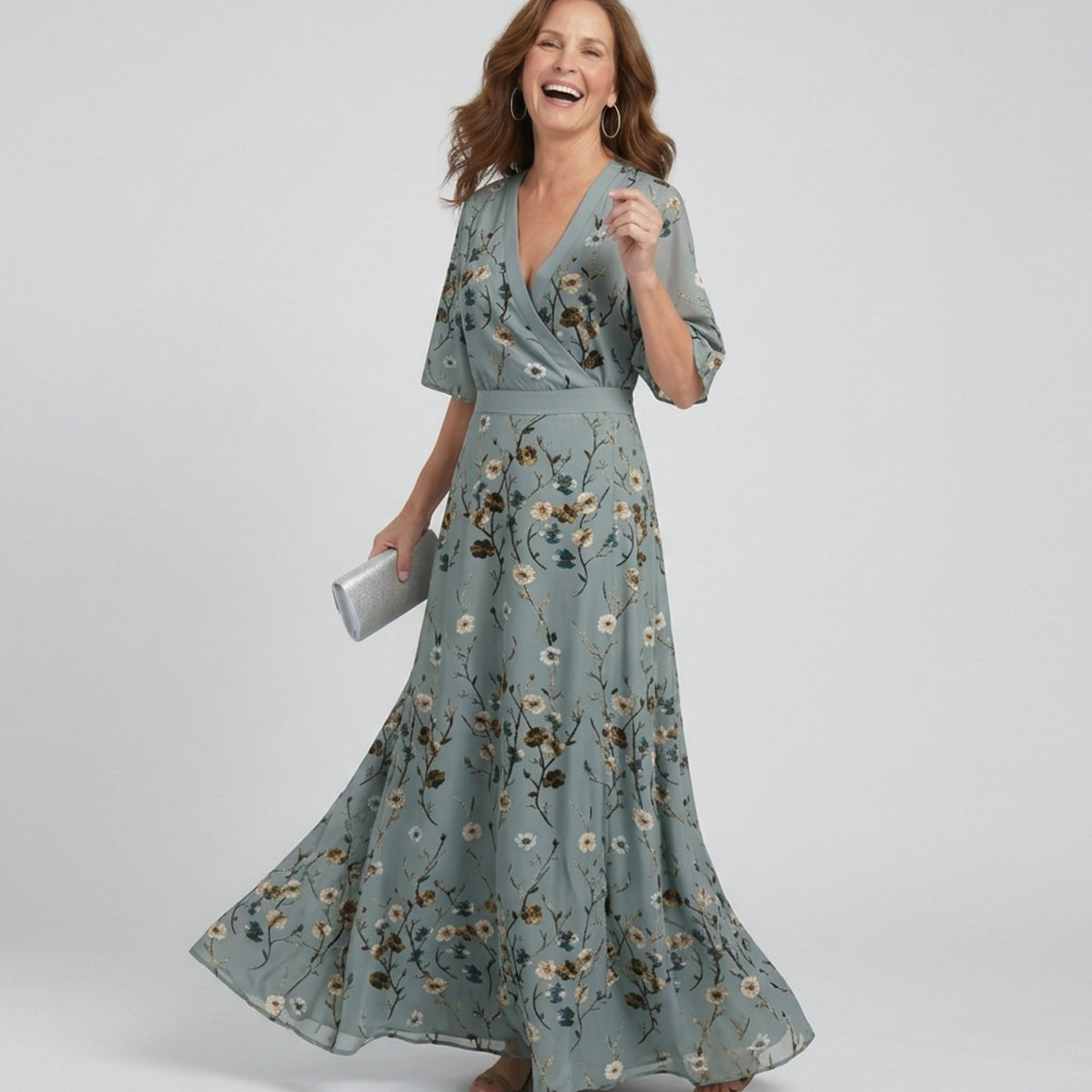 Women's Flowy Maxi Dress Floral V-Neck Wrap Silhouette - Sage Green