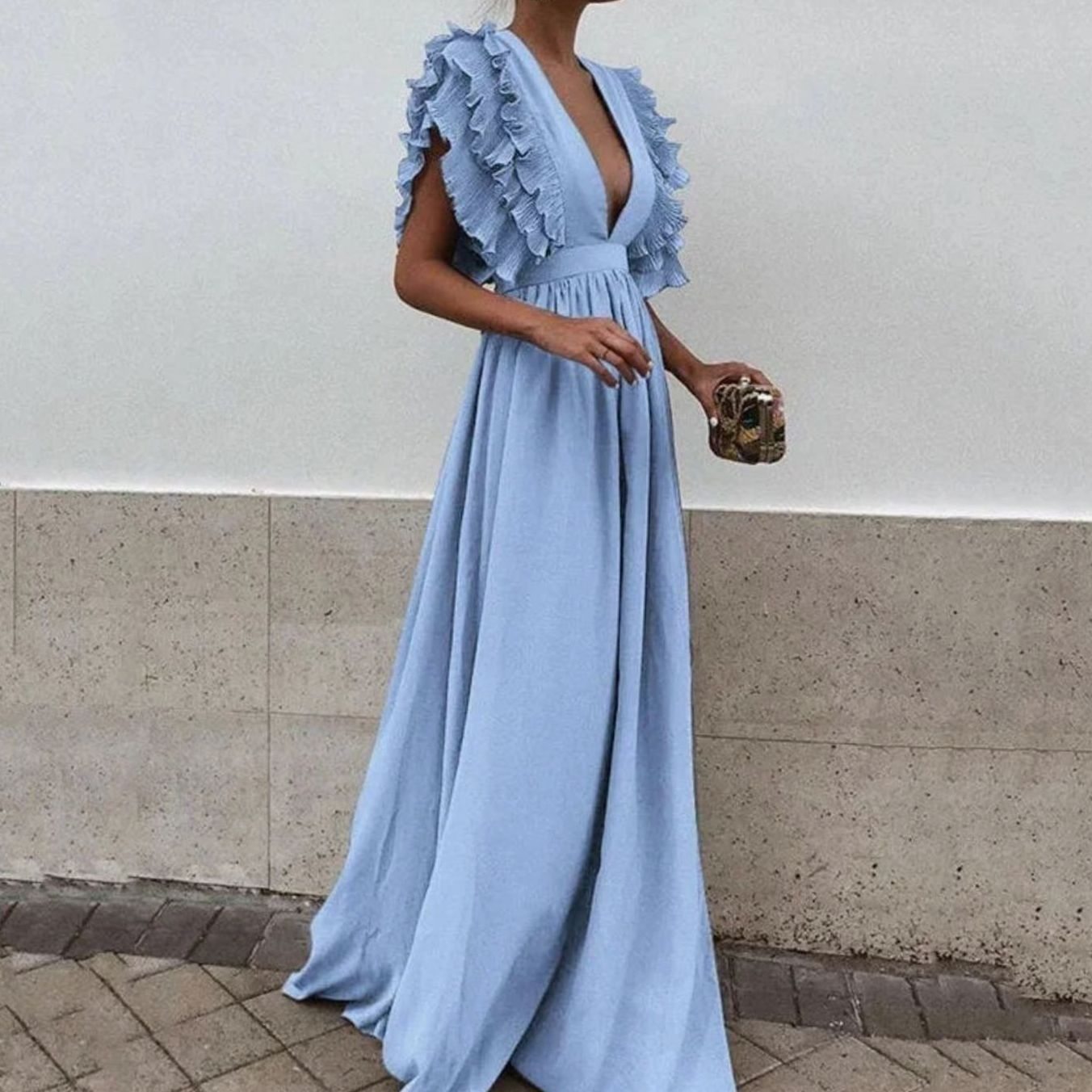 Women's Flowy Maxi Wedding Guest Dress Ruffled V-Neck - Blue
