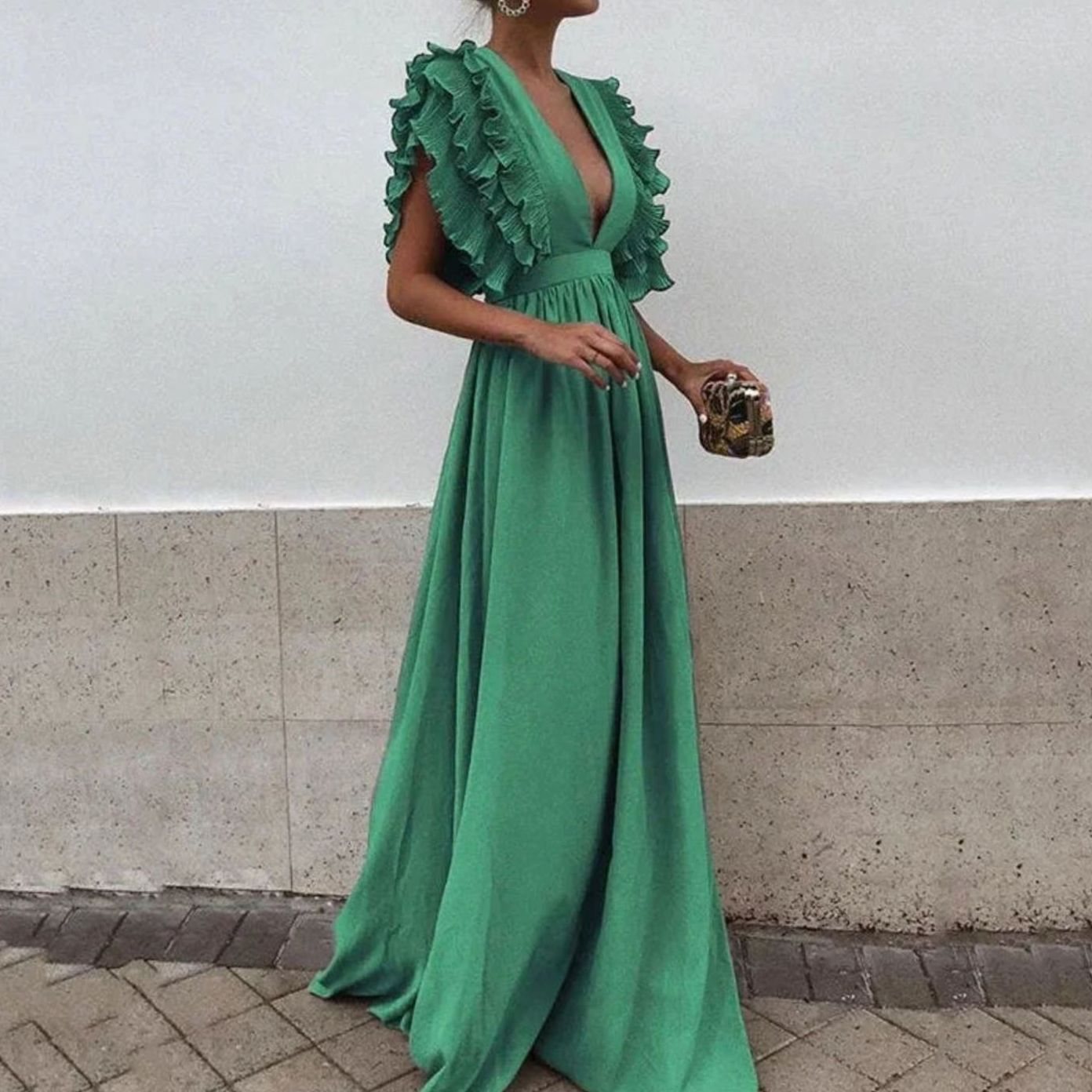 Women's Flowy Maxi Wedding Guest Dress Ruffled V-Neck - Green