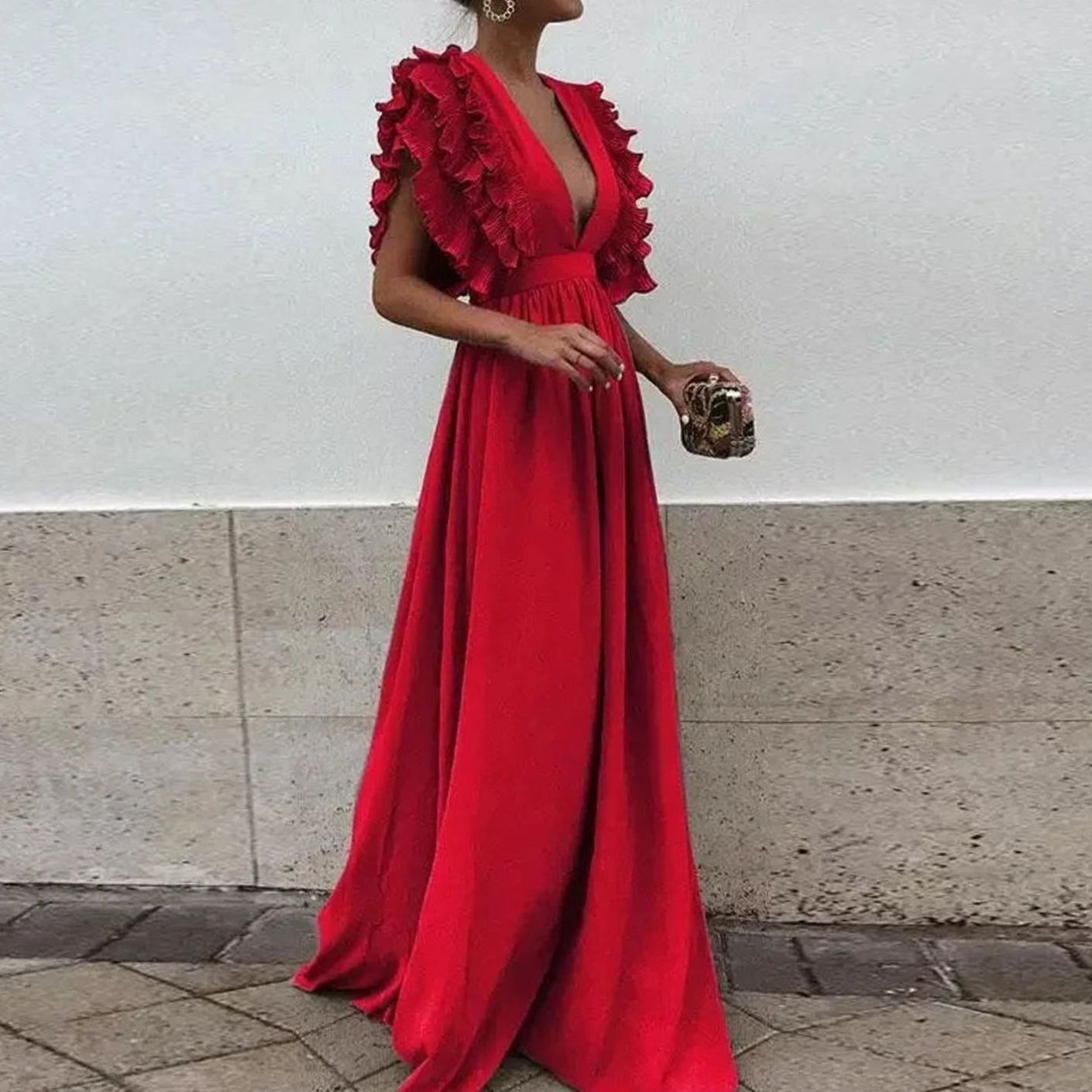 Women's Flowy Maxi Wedding Guest Dress Ruffled V-Neck - Red
