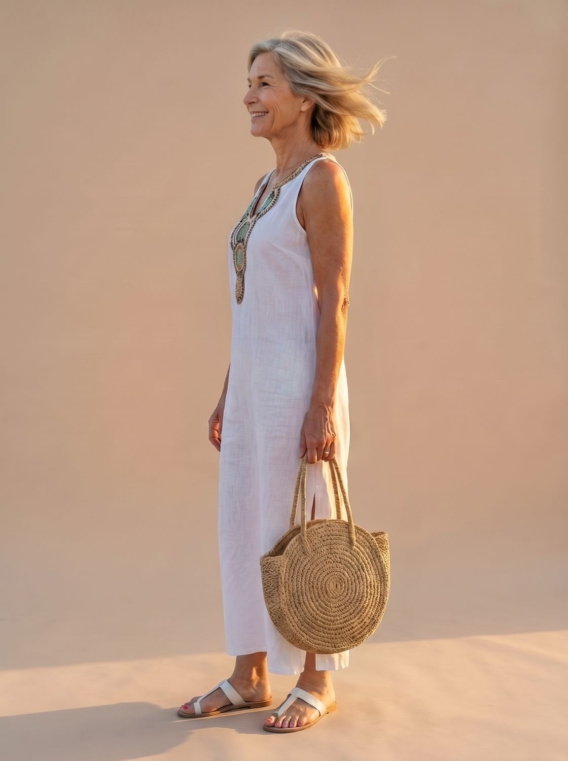 Women's Flowy Midi Dress Sleeveless Embroidered Neckline Side Slit