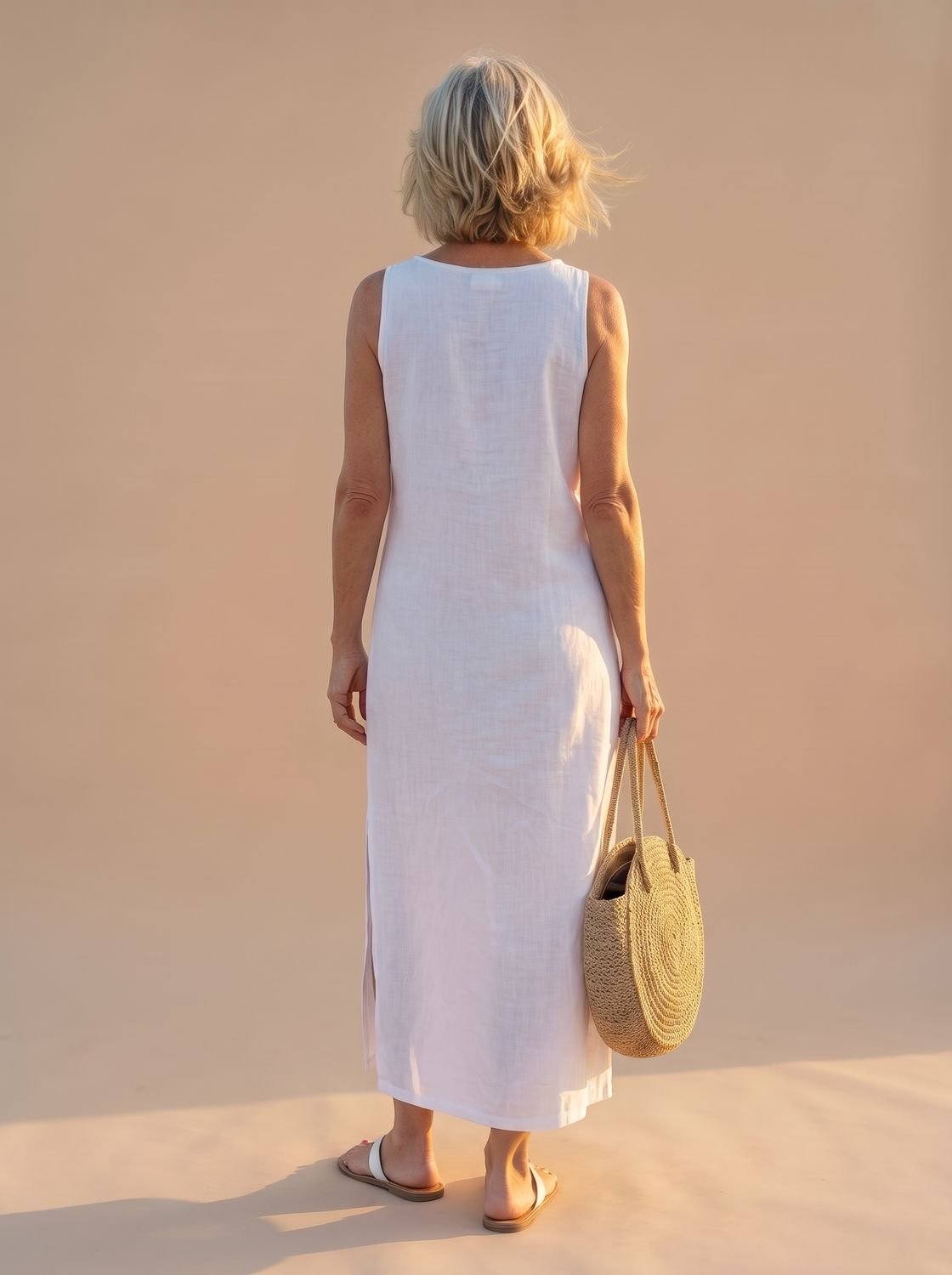 Women's Flowy Midi Dress Sleeveless Embroidered Neckline Side Slit