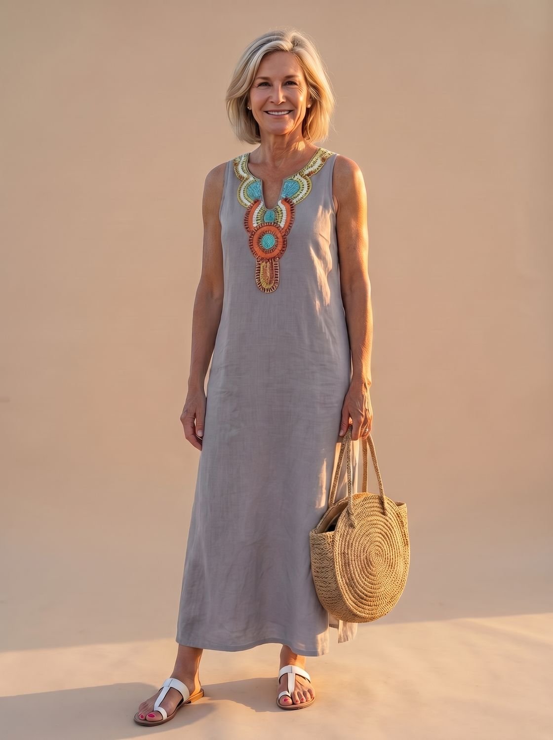 Women's Flowy Midi Dress Sleeveless Embroidered Neckline Side Slit - Sky Blue