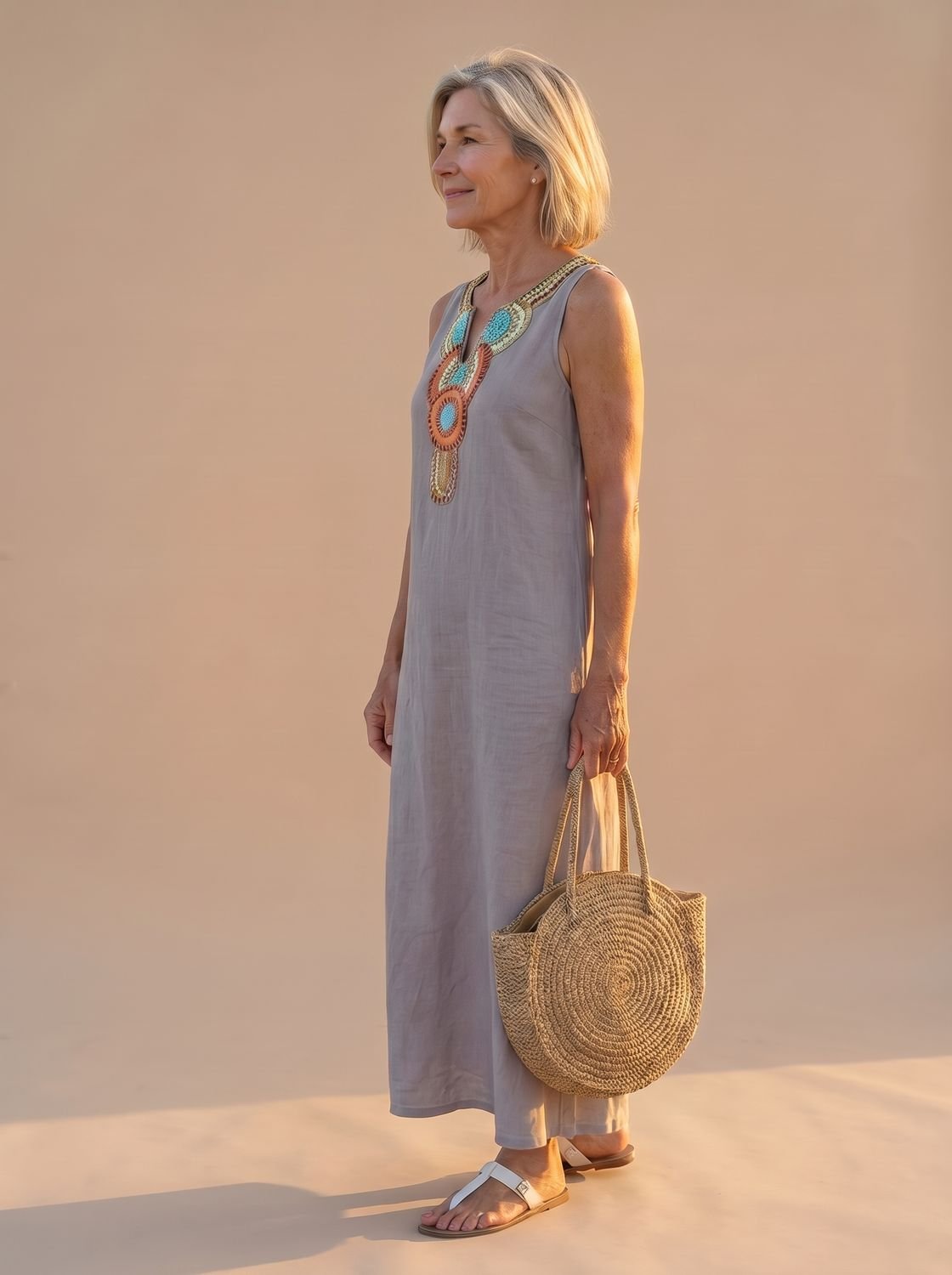 Women's Flowy Midi Dress Sleeveless Embroidered Neckline Side Slit
