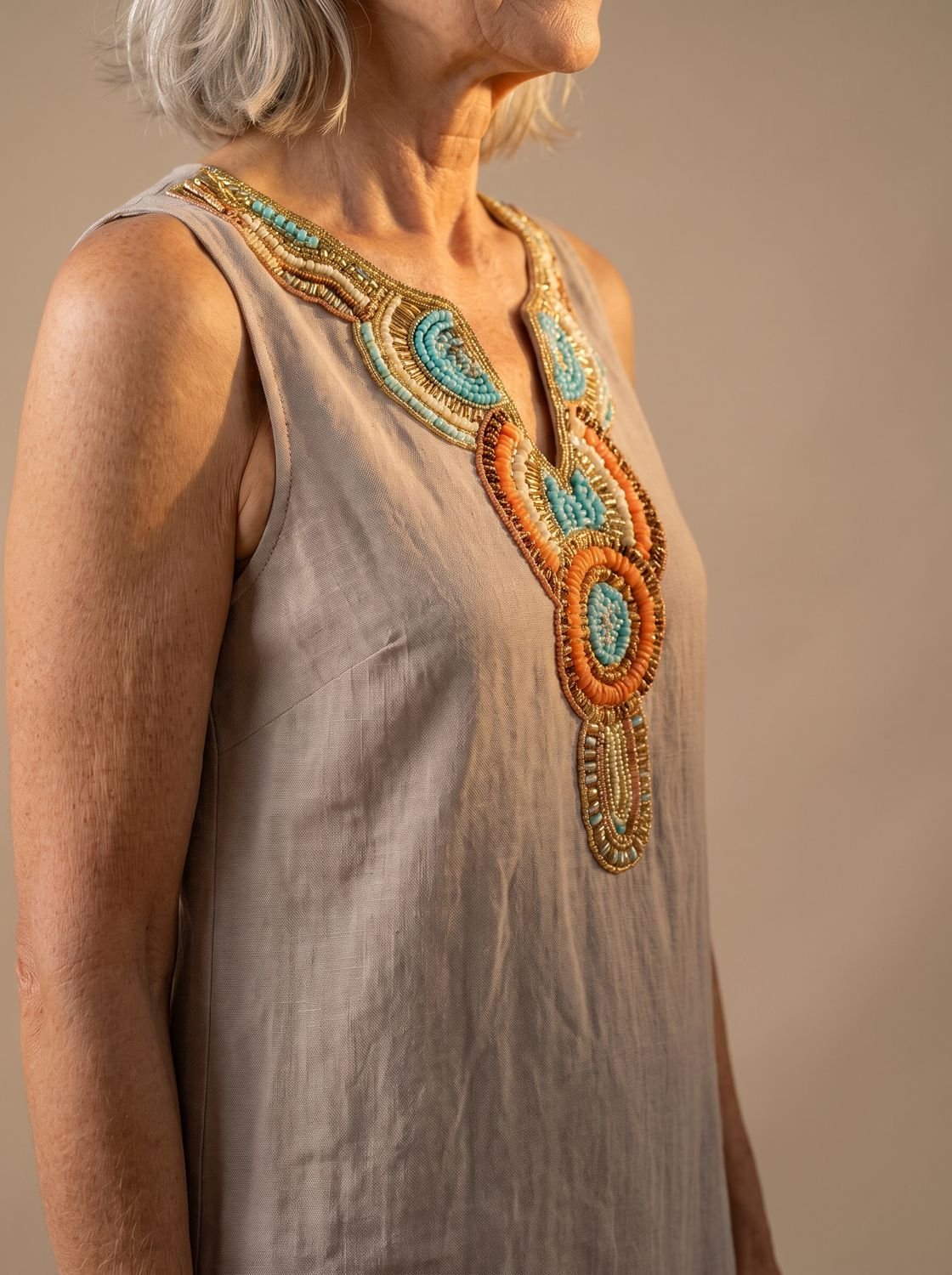 Women's Flowy Midi Dress Sleeveless Embroidered Neckline Side Slit