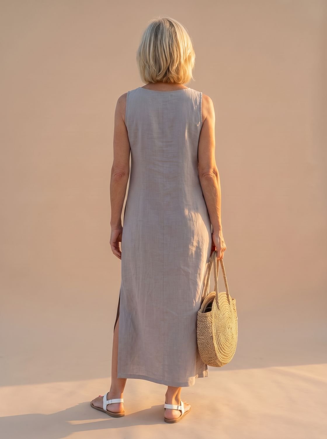 Women's Flowy Midi Dress Sleeveless Embroidered Neckline Side Slit