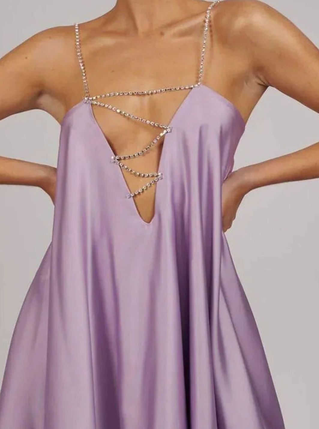 Women's Flowy Mini Wedding Guest Dress Diamante Chain Satin