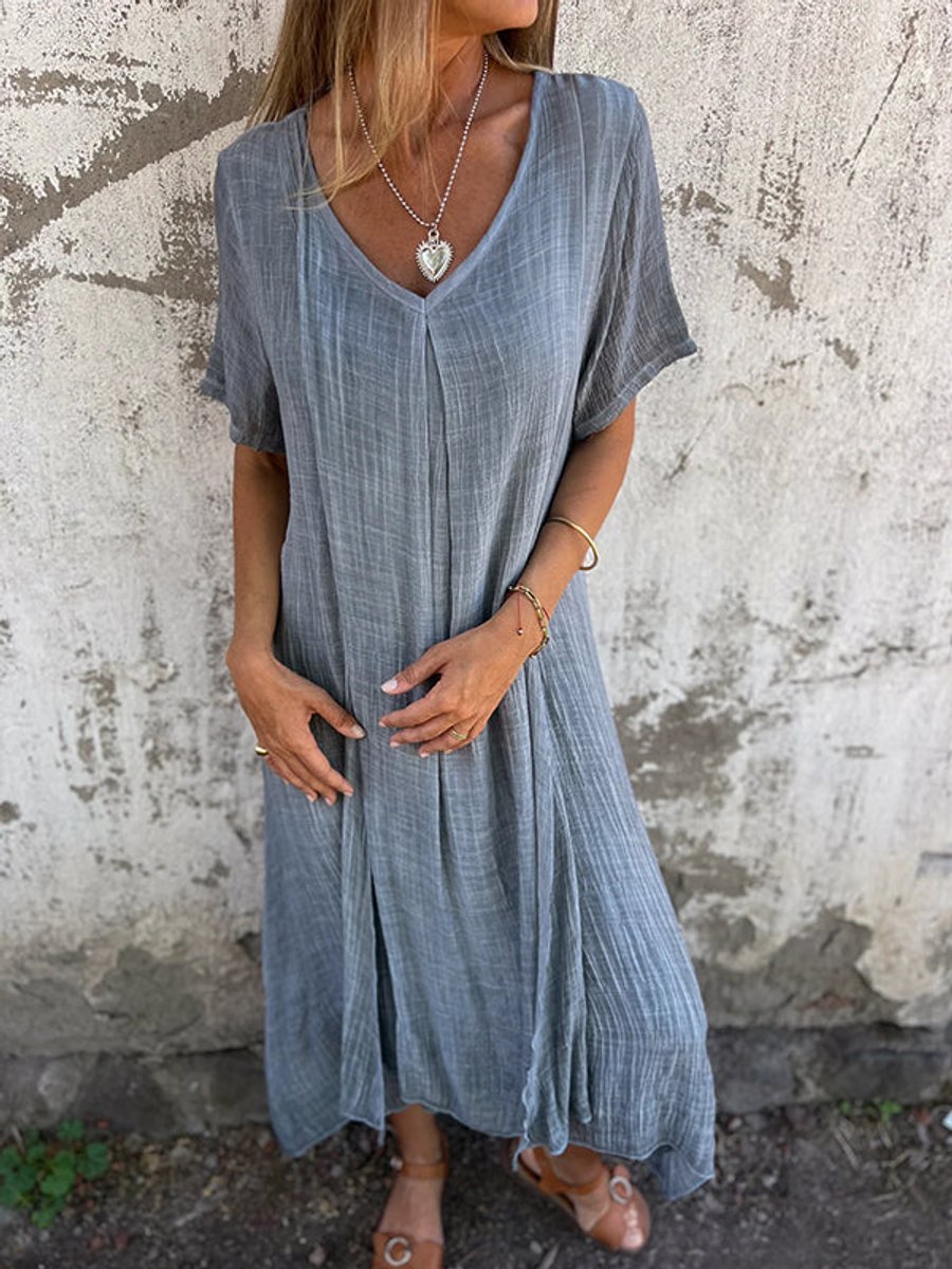Women's Flowy V-Neck Maxi Formal & Evening Dress Draped Silhouette - Grey