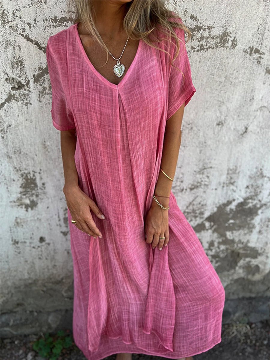 Women's Flowy V-Neck Maxi Formal & Evening Dress Draped Silhouette - Pink