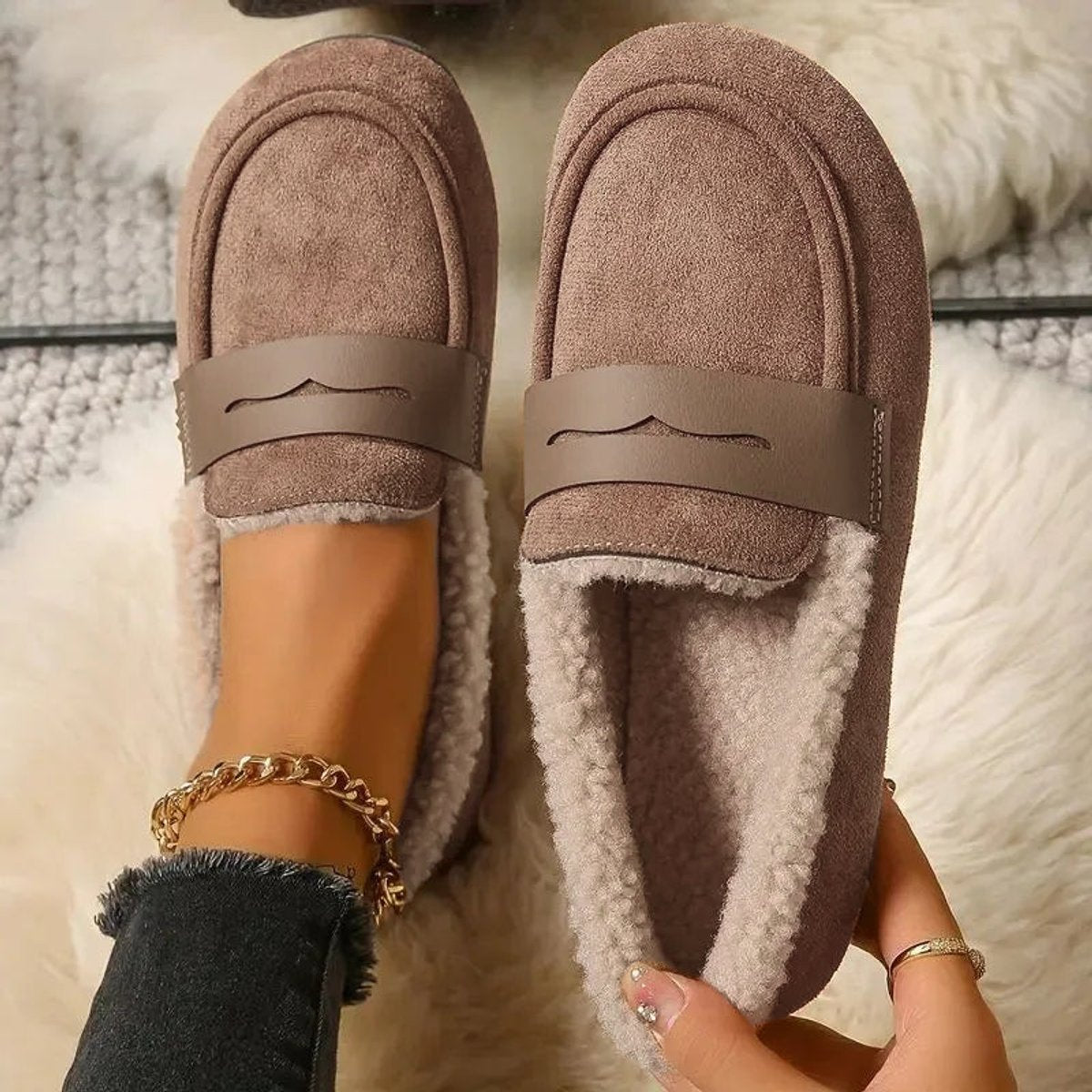 Women's Fluffy-Lined Slip-On Penny Loafer Comfort Flats - Khaki
