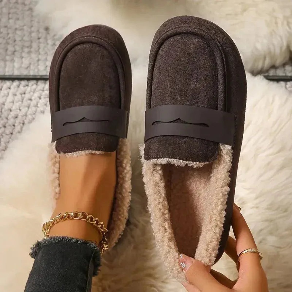 Women's Fluffy-Lined Slip-On Penny Loafer Comfort Flats - Coffee