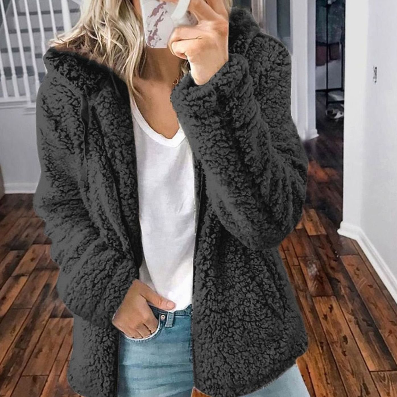 Women's Fluffy Teddy Open-Front Hooded Cardigan - Black