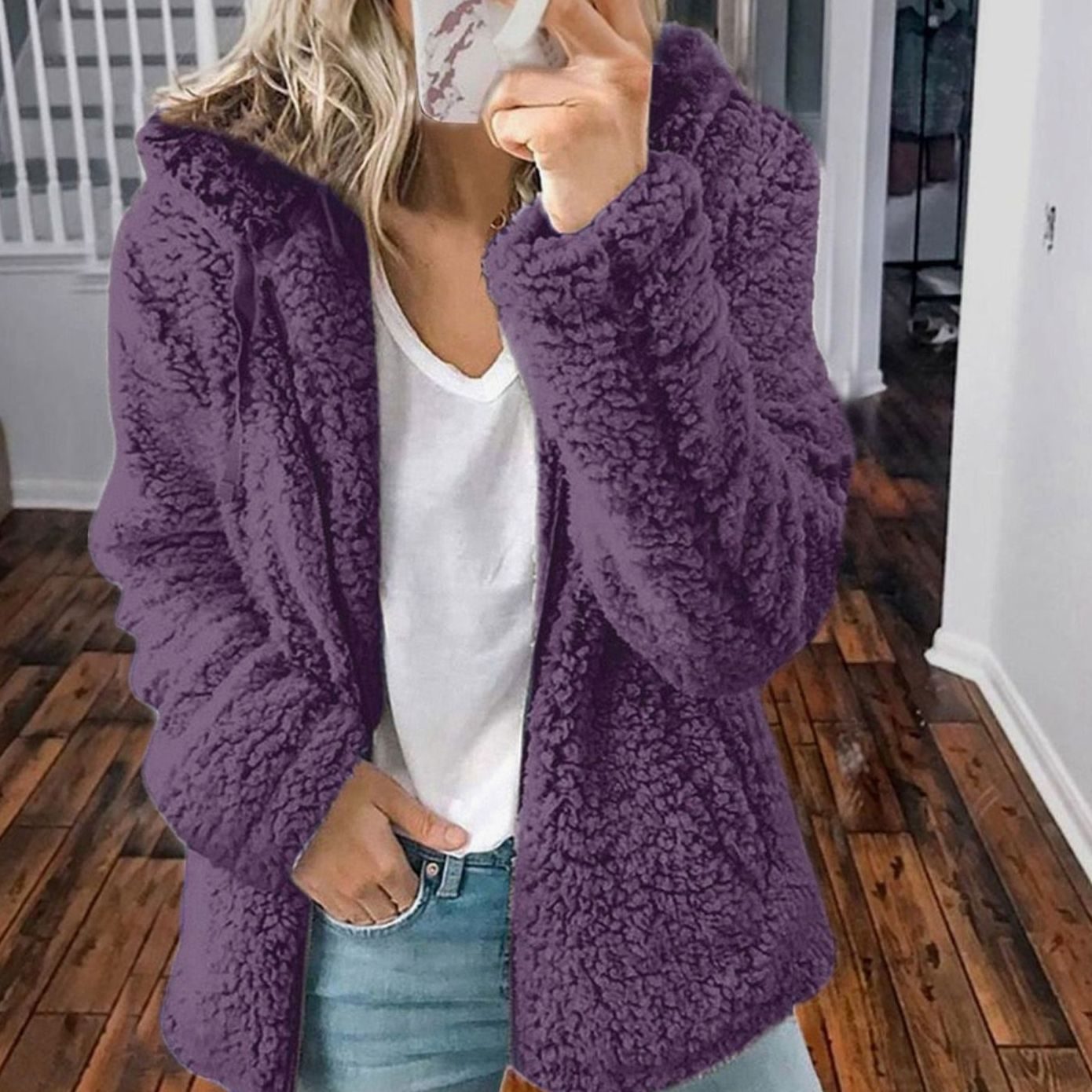 Women's Fluffy Teddy Open-Front Hooded Cardigan - Purple