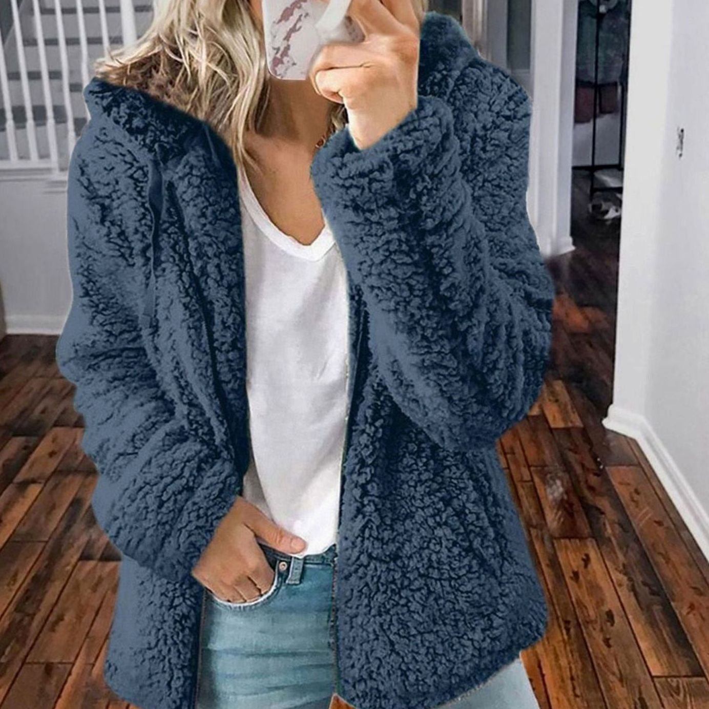 Women's Fluffy Teddy Open-Front Hooded Cardigan - Blue